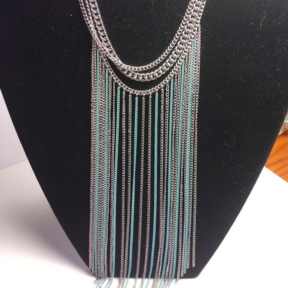 Waterfall Chain Necklace Cascading Fringe Silver Toned & Green Statement Glam - Picture 1 of 12